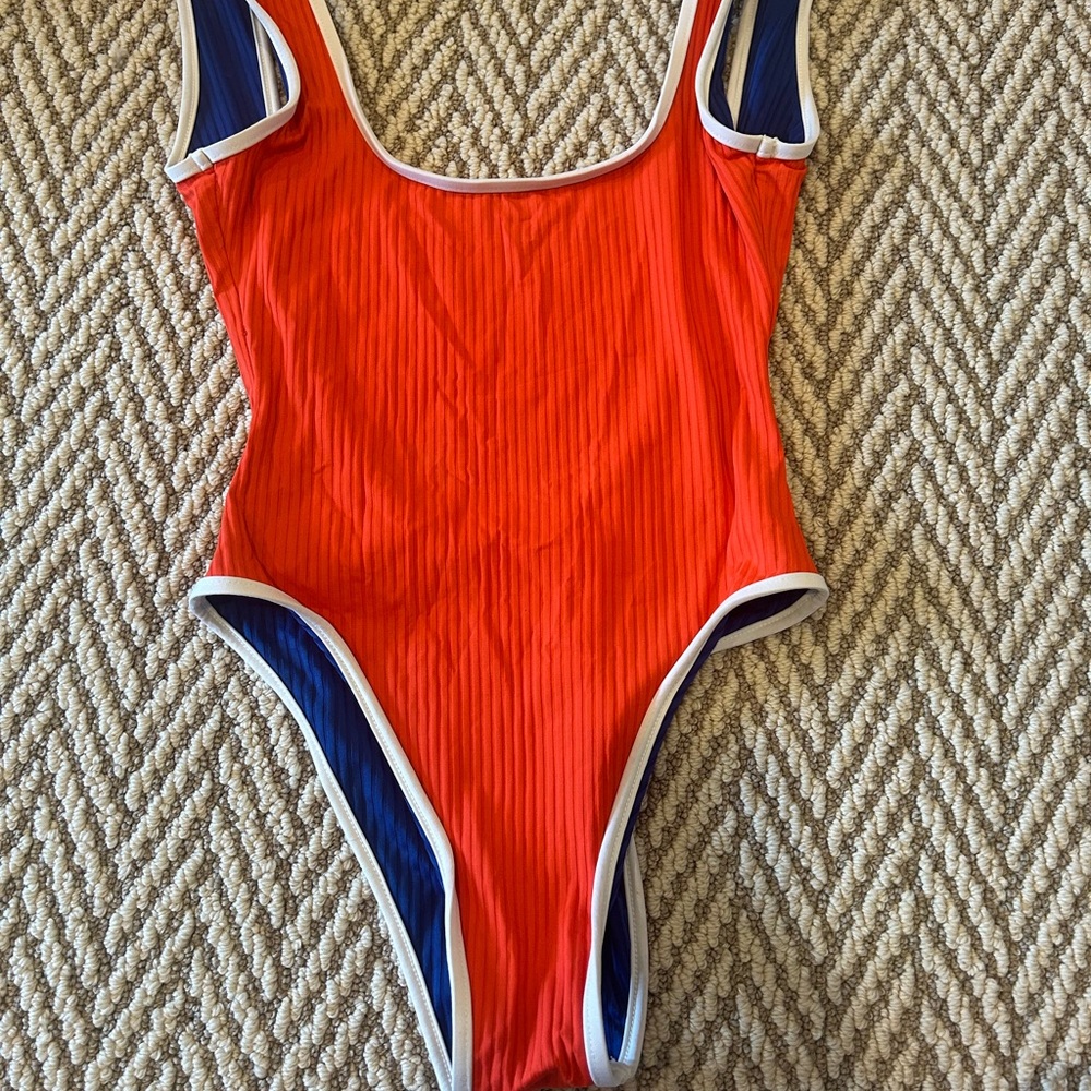Vibrant Red and Blue One-Piece Swimsuit